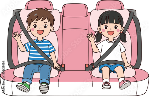 Happy children sitting safely in car back seat wearing seat belts, smiling and waving, cute family travel safety illustration