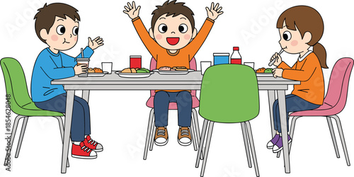 Happy school children eating lunch together in cafeteria, kids enjoying healthy food, friendship and school life cartoon illustration