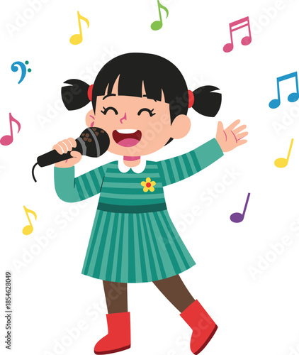 Happy little girl singing with microphone, colorful music notes around, joyful child performance, kids music, talent show illustration