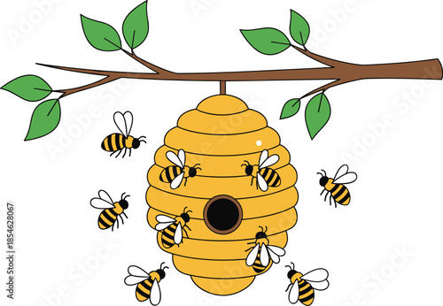 Honey bees flying around beehive hanging on tree branch, nature wildlife scene, pollination concept, cartoon illustration