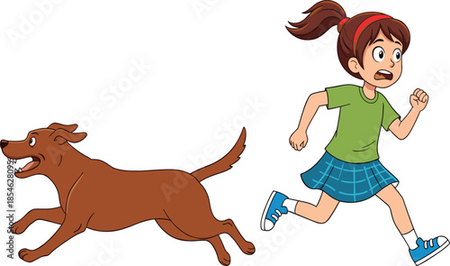 Scared girl running away from chasing dog, childhood fear moment, danger awareness and safety concept cartoon illustration