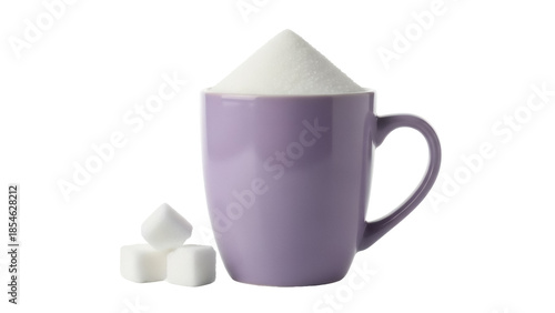 Fotografia Lilac mug full of sugar and sugar cubes isolated PNG, sweetening ingredient for
