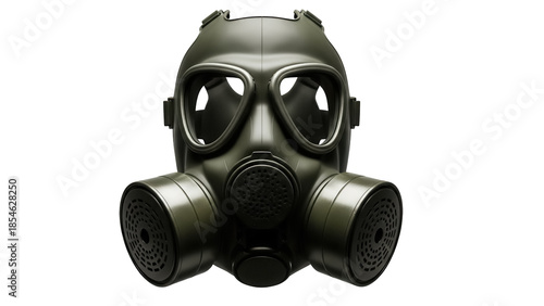 Olive green gas mask PNG isolated on transparent background, military equipment for protection against chemical weapons and toxic substances