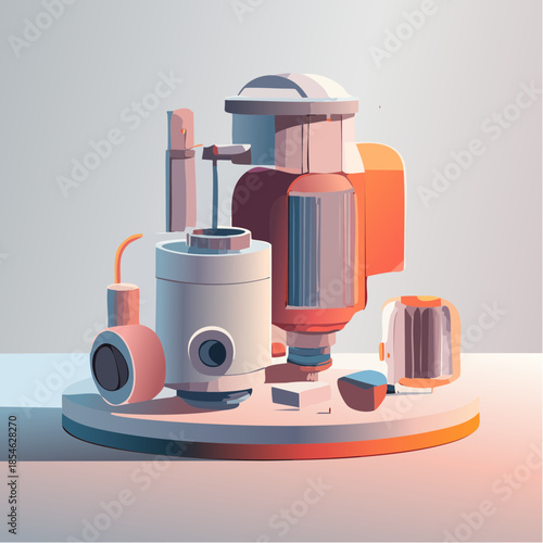 Abstract illustration of a complex machine with cylindrical and rectangular shapes on a round platform.