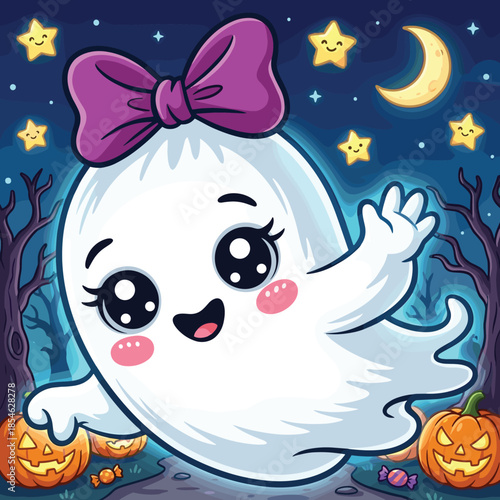 Cute Kawaii Ghost Character With Halloween Pumpkins And Moon vector illustration