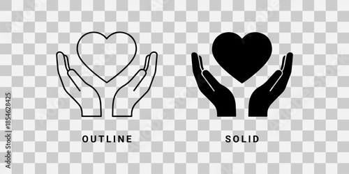 Caring hands holding heart icon in outline and solid style