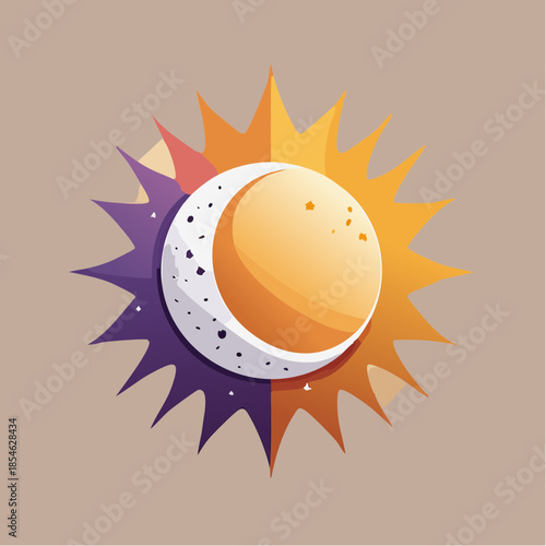 Stylized sun and moon illustration with vibrant colors and a cartoonish design.