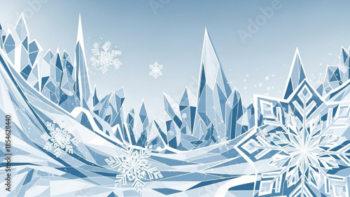 Crystal ice formation with snowflakes on a blue background, winter landscape with sharp icicles and delicate snowflakes floating in air