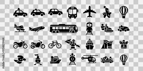 Collection of various transportation and activity icons in black