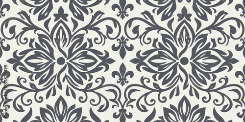 An intricate black and white floral pattern featuring symmetrical illustrations on a plain background from a direct viewpoint