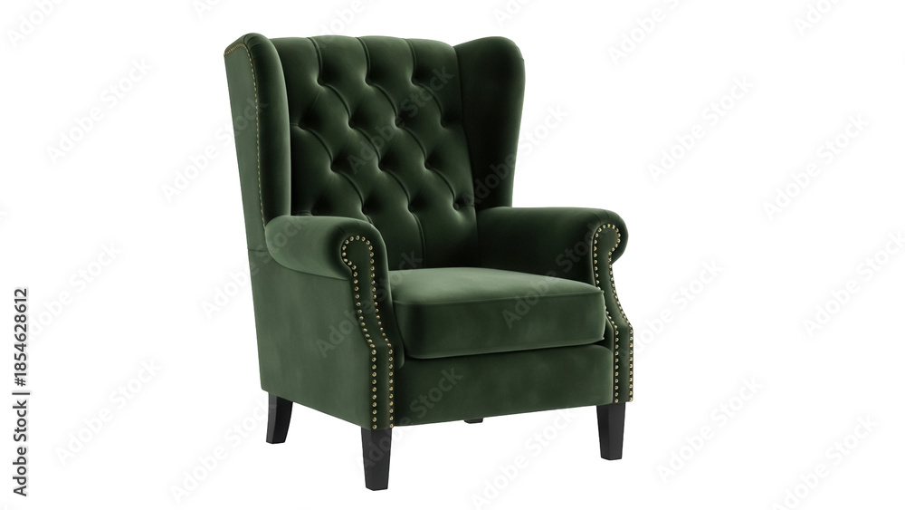 Fototapeta premium Elegant green velvet wingback armchair isolated PNG, luxurious tufted furniture with nailhead trim for living room or study