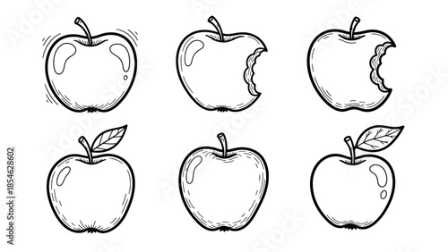 Hand drawn apple line art set with whole and bitten fruit icons for designers