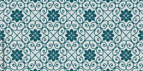 Intricate green floral pattern on a white background with repeating geometric shapes and swirling designs