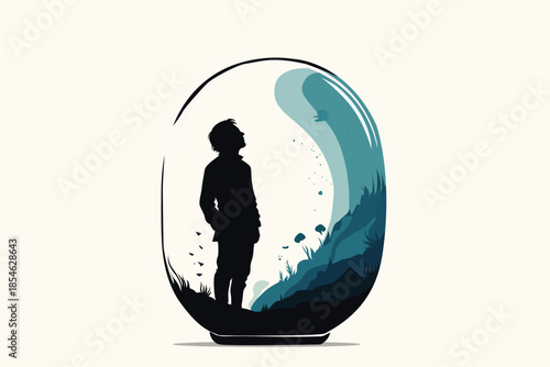 Silhouette of thoughtful man standing inside glass dome with abstract landscape, modern flat vector illustration symbolizing inner world, imagination, isolation and personal growth journey.