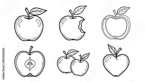 Hand drawn apple collection with whole fruits halves bitten and pair sketches