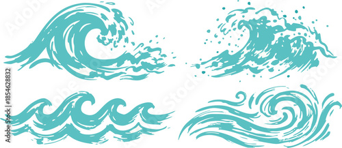 Illustrations of ocean waves from various viewpoints showcasing different wave patterns and styles