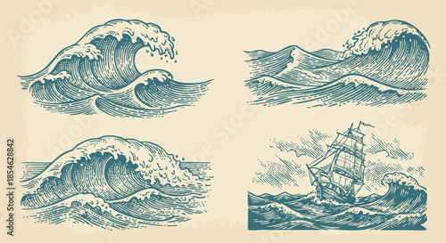 Vintage illustrations of ocean waves and a sailing ship in a classic art style