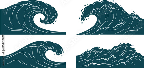 Illustrations of ocean waves from various viewpoints showcasing different wave patterns and styles