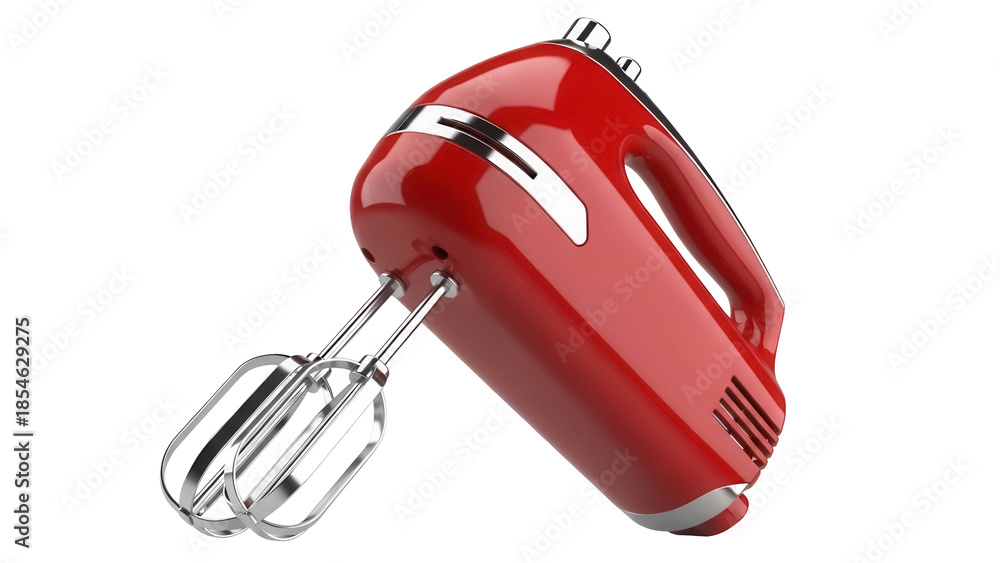 Fototapeta premium Shiny red hand mixer isolated PNG on transparent background, kitchen appliance for baking and cooking needs, modern design