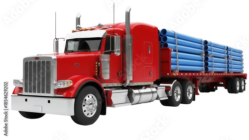 Canvas Print Red semi-truck with blue pipes isolated PNG, flatbed trailer carrying cargo on t