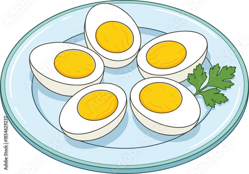 Five Halved Hard Boiled Eggs With Yellow Yolks On A Blue Plate Keywords: hard boiled eggs, halved eggs, egg halves, yellow yolks