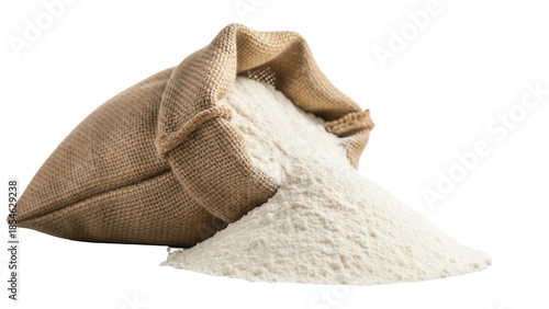 Fotografie Burlap sack with flour spilling out isolated PNG, rustic bag of grain on transpa