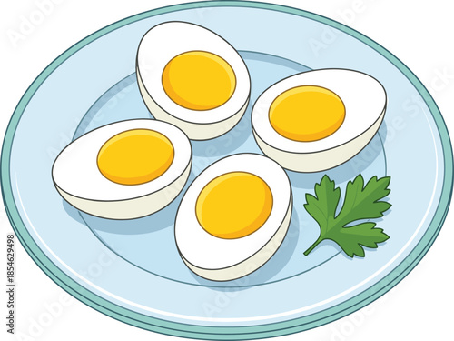 Four Halved Hard Boiled Eggs With Bright Yellow Yolks On A Blue Plate Keywords: hard boiled eggs, halved eggs, egg halves, yellow