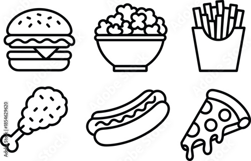 Black and white of fast food including burger fries salad hot dog and pizza