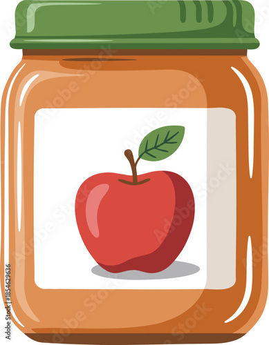 Glass jar of apple jam with a red apple and green leaf label preserve