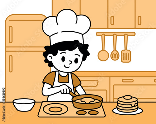 A person in a chef's hat cooks pancakes in a kitchen.