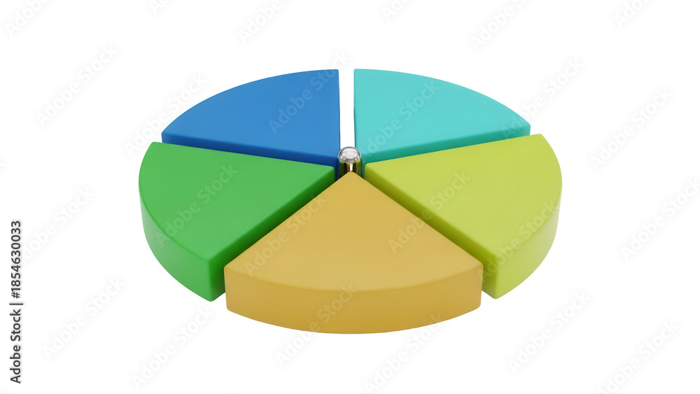 Fototapeta premium Colorful pie chart with five segments isolated PNG, data visualization for business presentations and statistical analysis