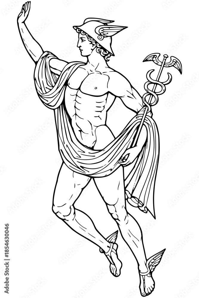 Fototapeta premium Black line art illustration of the Greek god Hermes (Mercury) with his winged helmet, winged sandals, and caduceus staff.