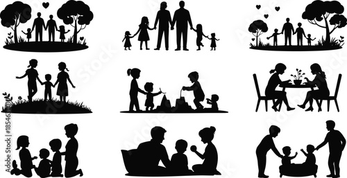 Happy family silhouettes collection isolated parents and children bonding together black vector illustration set for love parenting lifestyle design