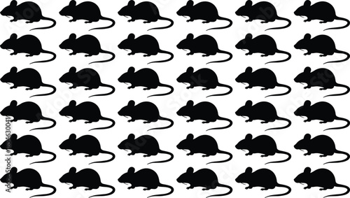 Mouse silhouettes, repeated pattern, black vector, animal icon, rodent shape, isolated graphic, grid layout, uniform pose, tail curve, visual repetition