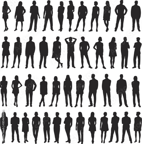 Business people silhouette set showing men women standing poses group collection isolated white background corporate professional vector illustration design pack