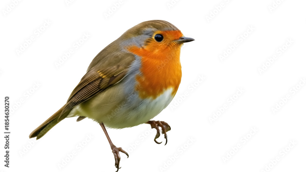 Fototapeta premium Isolated European robin, small passerine bird with orange breast, ready for stock photography