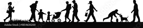 Park activity silhouettes, family outing, walking with children, stroller scene, pet interaction, black vector, outdoor lifestyle, community moment, leisure pose