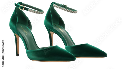 Foto Elegant emerald green velvet high heel shoes isolated PNG, stylish footwear with