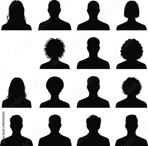 Head, silhouette, profile, people, hairstyle, diversity, icon, vector, black, isolated, shape, character, identity, design, human, shoulder, anonymous, grid, collection, variation