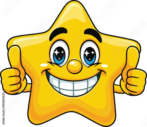 Happy Cartoon Star Character Giving Thumbs Up with Sparkly Eyes Keywords: star, cartoon, character, happy, smiling, thumbs up