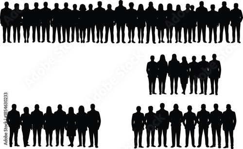 Group, silhouette, people, crowd, standing, pose, black, vector, isolated, formation, demographic, icon, design, layout, organization, row, column, structure, collection, variation