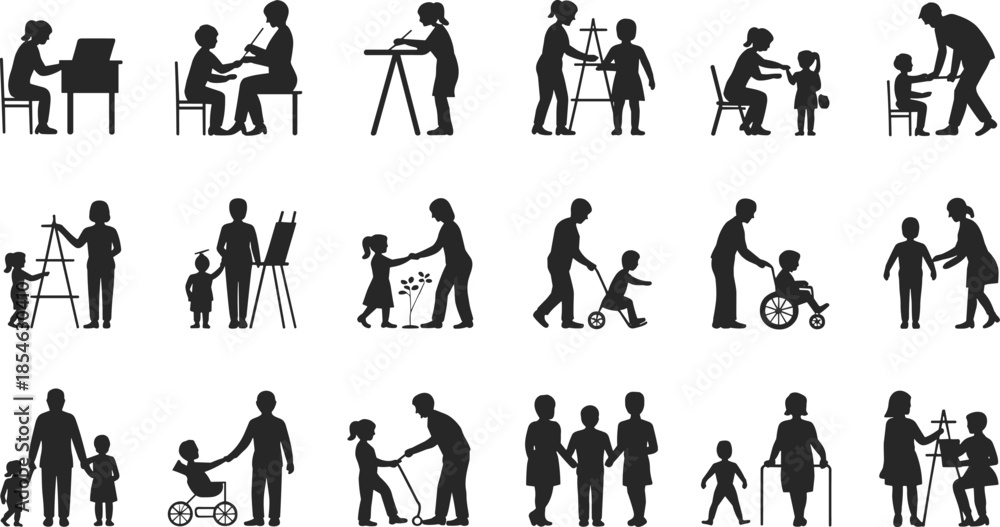 Obraz premium Family education silhouette set showing parents children learning teaching painting playing caring activities isolated white background vector illustration