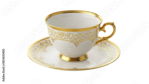Εκτύπωση καμβά Elegant porcelain teacup and saucer with gold trim isolated PNG, vintage tablewa