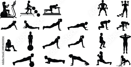 Fitness silhouettes, workout poses, gym exercises, black vector, training icon, body movement, equipment use, isolated graphic, health gesture, active lifestyle