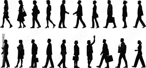 Business people walking silhouette set showing men women professionals commuting carrying bags isolated white background vector illustration