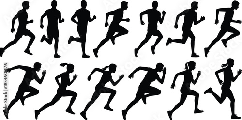 Running silhouette figures, male and female runners, black athletic icons, jogging poses, fitness motion design, isolated sprinting shapes, workout clipart