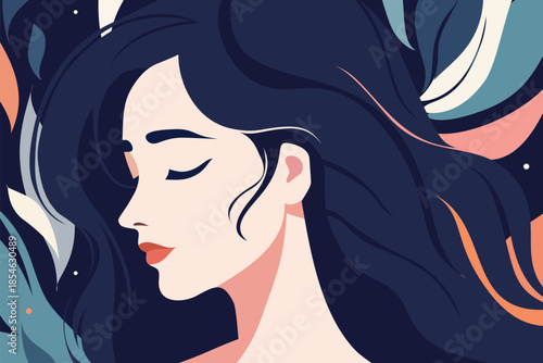 Elegant woman with long dark hair and closed eyes, modern flat vector beauty portrait illustration in pastel colors, feminine fashion, cosmetics, spa and self care concept