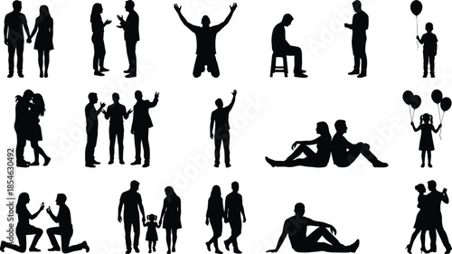 Human interaction silhouettes, emotional pose icons, black figures, family and couple clipart, expressive body language, isolated design, vector set