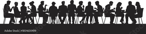 Dining silhouettes, group meal, social gathering, black vector, table scene, eating posture, communal moment, isolated graphic, food event, lifestyle icon
