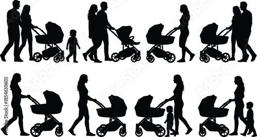 Family stroller silhouettes, adult and child icons, black caregiver figures, walking poses, parenting clipart, isolated design, vector set